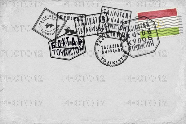 Tajikistan Vintage Postcard with Flag Stamp and City Postmarks