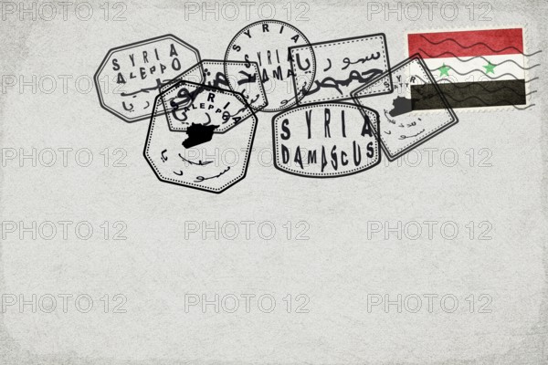 Syria Vintage Postcard with Flag Stamp and City Postmarks