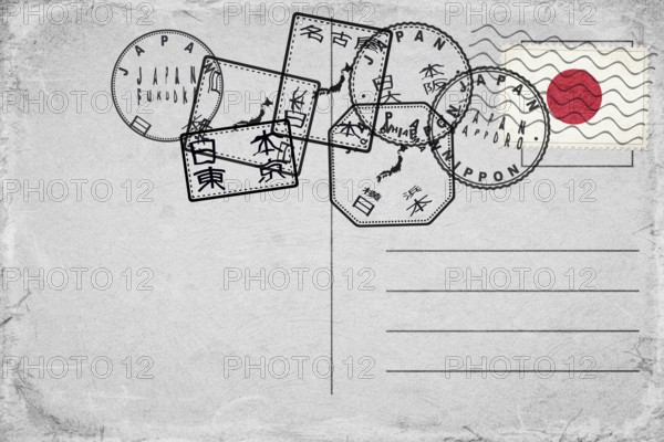 Japan Vintage Postcard with Flag Stamp and City Postmarks
