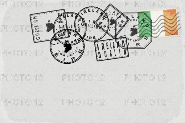 Ireland Vintage Postcard with Flag Stamp and City Postmarks