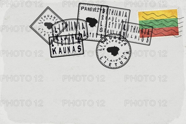 Lithuania Vintage Postcard with Flag Stamp and City Postmarks