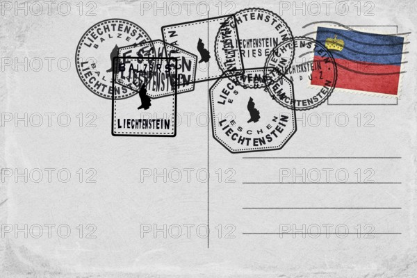 Liechtenstein Vintage Postcard with Flag Stamp and City Postmarks