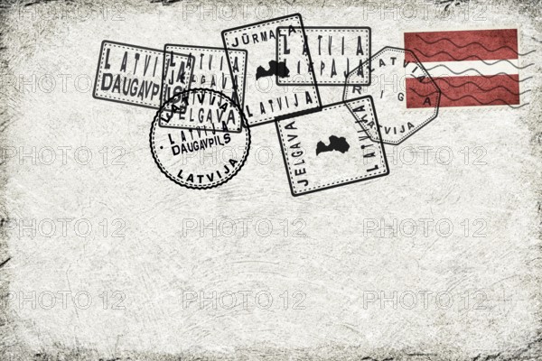 Latvia Vintage Postcard with Flag Stamp and City Postmarks