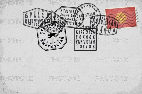 Kyrgyzstan Vintage Postcard with Flag Stamp and City Postmarks