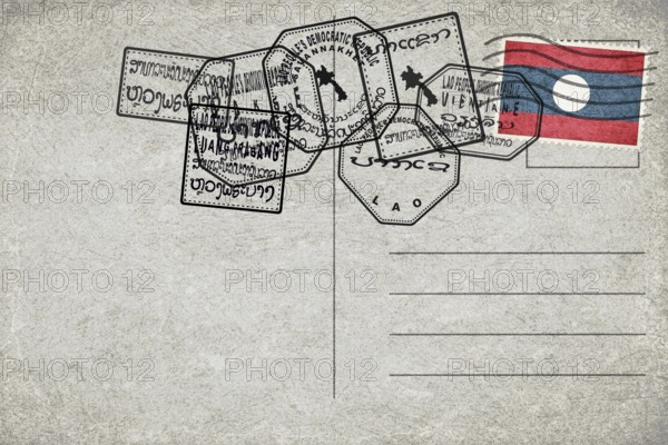Laos Vintage Postcard with Flag Stamp and City Postmarks