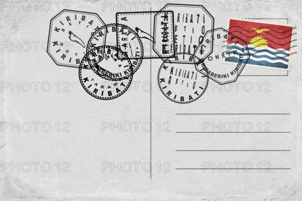 Kiribati Vintage Postcard with Flag Stamp and City Postmarks