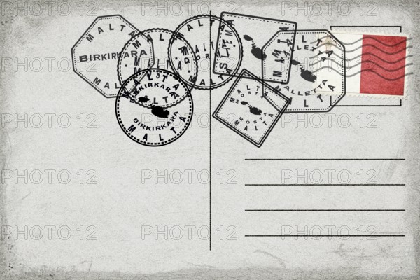 Malta Vintage Postcard with Flag Stamp and City Postmarks