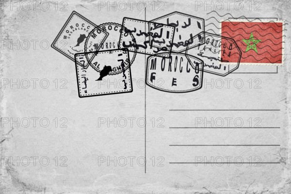 Morocco Vintage Postcard with Flag Stamp and City Postmarks