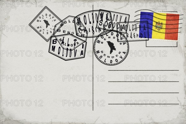 Moldova Vintage Postcard with Flag Stamp and City Postmarks