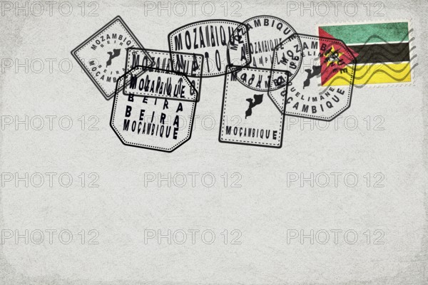 Mozambique Vintage Postcard with Flag Stamp and City Postmarks