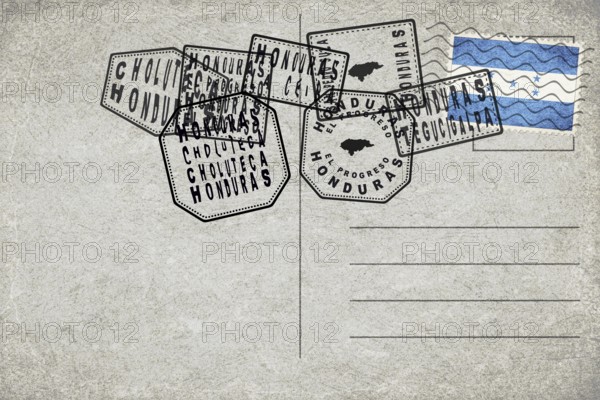 Honduras Vintage Postcard with Flag Stamp and City Postmarks