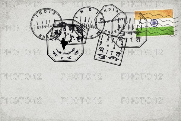 India Vintage Postcard with Flag Stamp and City Postmarks