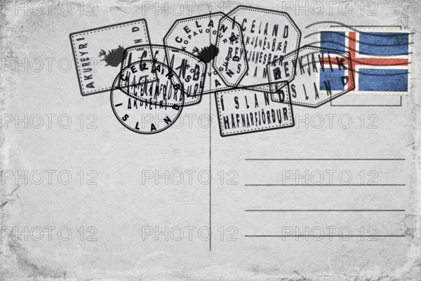 Iceland Vintage Postcard with Flag Stamp and City Postmarks