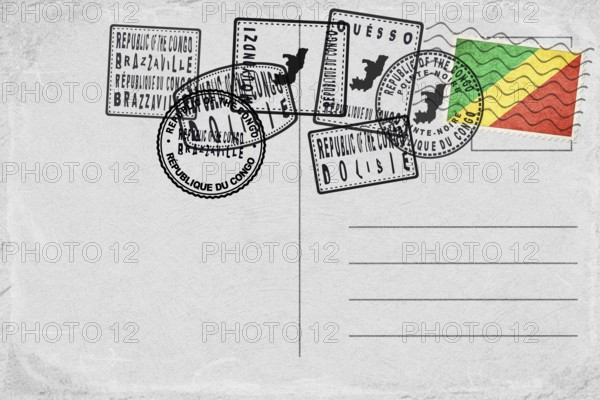 Republic of the Congo Vintage Postcard with Flag Stamp and City Postmarks