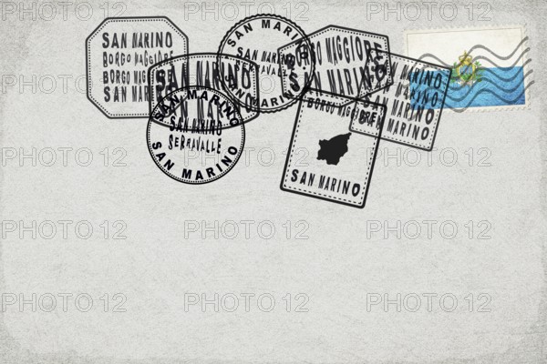 San Marino Vintage Postcard with Flag Stamp and City Postmarks