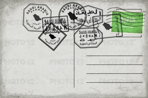 Saudi Arabia Vintage Postcard with Flag Stamp and City Postmarks
