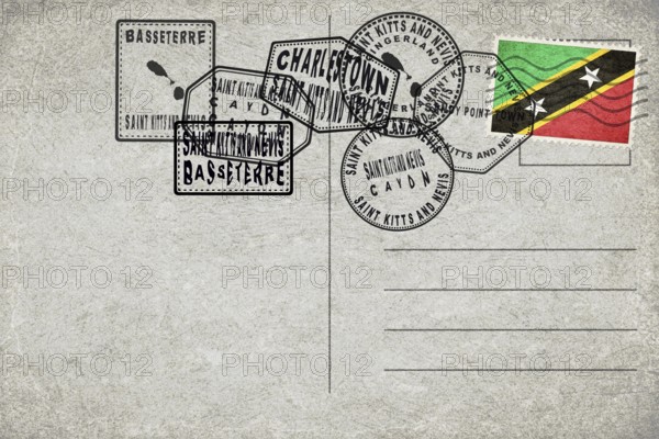 Saint Kitts and Nevis Vintage Postcard with Flag Stamp and City Postmarks