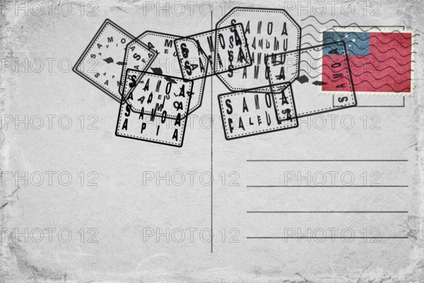 Samoa Vintage Postcard with Flag Stamp and City Postmarks