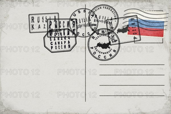 Russia Vintage Postcard with Flag Stamp and City Postmarks