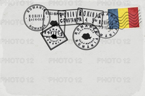 Romania Vintage Postcard with Flag Stamp and City Postmarks