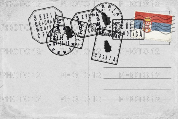 Serbia Vintage Postcard with Flag Stamp and City Postmarks