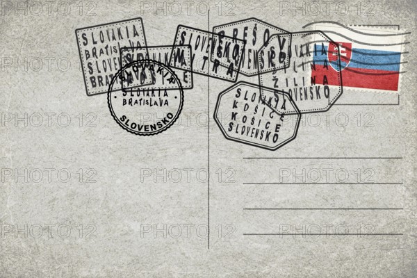 Slovakia Vintage Postcard with Flag Stamp and City Postmarks