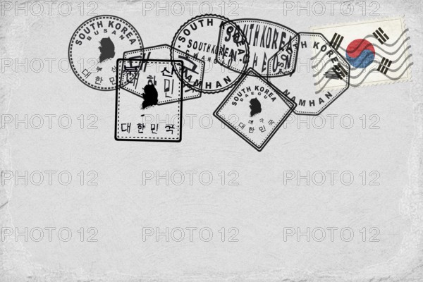 South Korea Vintage Postcard with Flag Stamp and City Postmarks