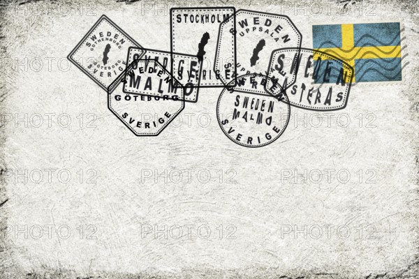Sweden Vintage Postcard with Flag Stamp and City Postmarks