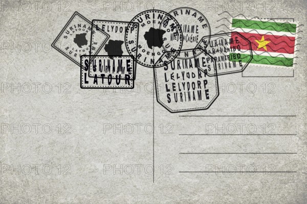 Suriname Vintage Postcard with Flag Stamp and City Postmarks