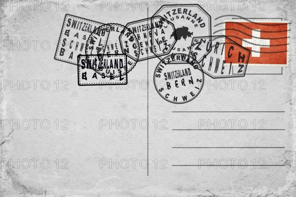 Switzerland Vintage Postcard with Flag Stamp and City Postmarks