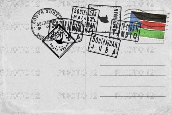 South Sudan Vintage Postcard with Flag Stamp and City Postmarks