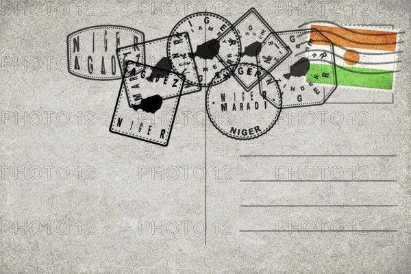 Niger Vintage Postcard with Flag Stamp and City Postmarks