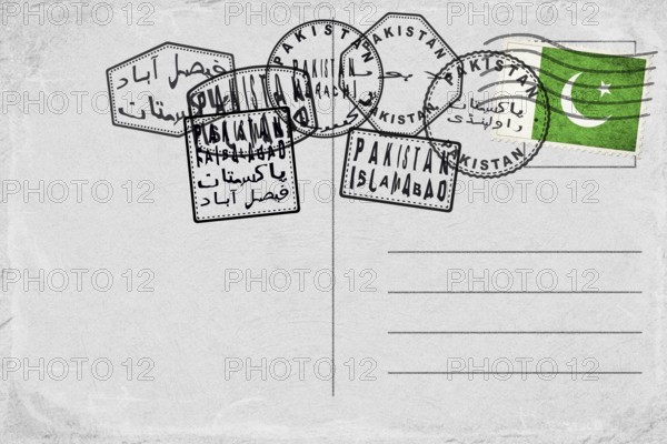 Pakistan Vintage Postcard with Flag Stamp and City Postmarks
