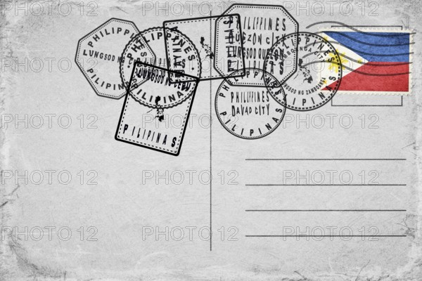 Philippines Vintage Postcard with Flag Stamp and City Postmarks