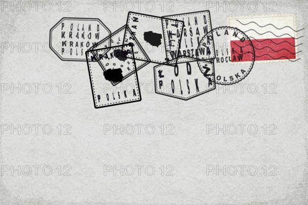 Poland Vintage Postcard with Flag Stamp and City Postmarks