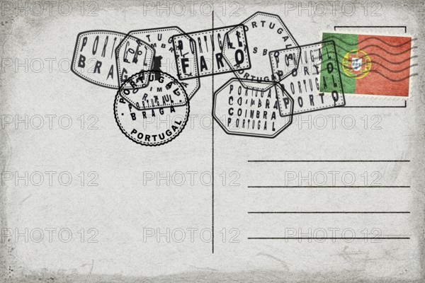 Portugal Vintage Postcard with Flag Stamp and City Postmarks