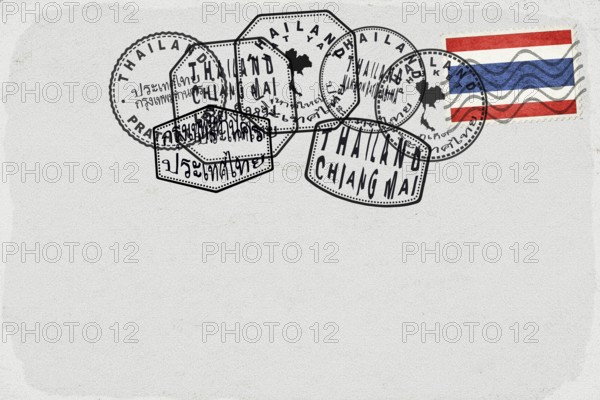 Thailand Vintage Postcard with Flag Stamp and City Postmarks