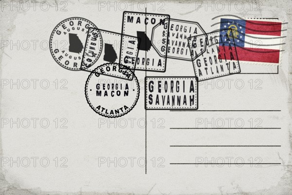 Georgia Vintage Postcard with Flag Stamp and City Postmarks