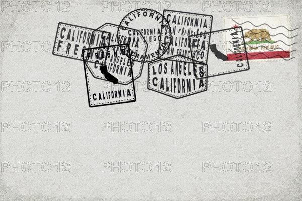 California Vintage Postcard with Flag Stamp and City Postmarks