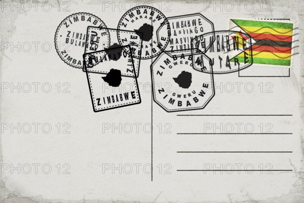 Zimbabwe Vintage Postcard with Flag Stamp and City Postmarks