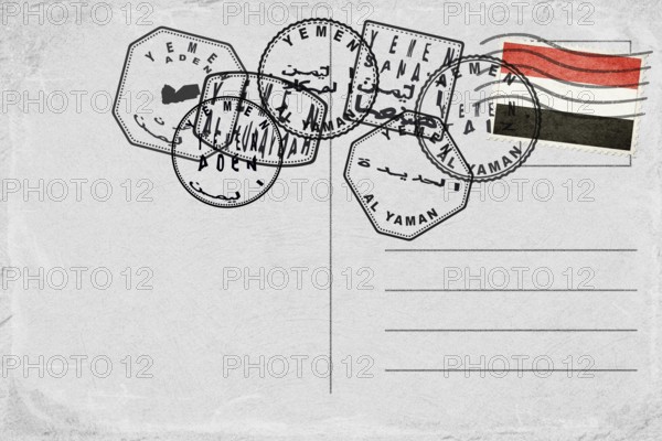 Yemen Vintage Postcard with Flag Stamp and City Postmarks