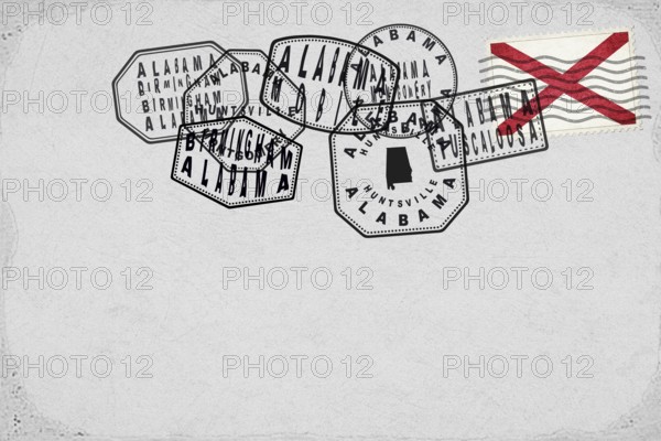 Alabama Vintage Postcard with Flag Stamp and City Postmarks