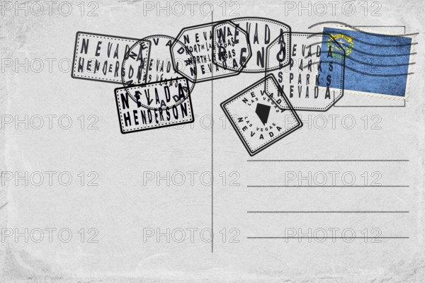 Nevada North Vintage Postcard with Flag Stamp and City Postmarks