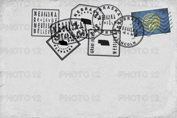 Nebraska Vintage Postcard with Flag Stamp and City Postmarks