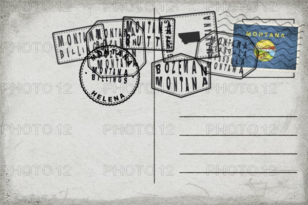 Montana Vintage Postcard with Flag Stamp and City Postmarks