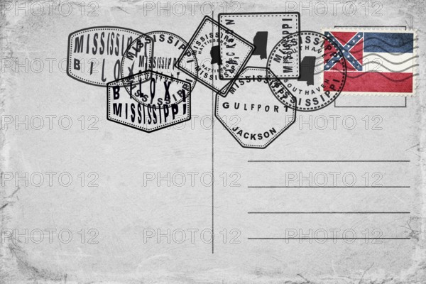Mississippi Vintage Postcard with Flag Stamp and City Postmarks