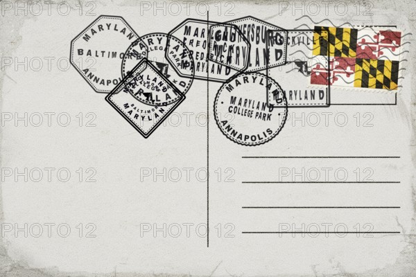 Maryland Vintage Postcard with Flag Stamp and City Postmarks