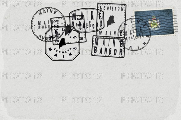 Maine Vintage Postcard with Flag Stamp and City Postmarks