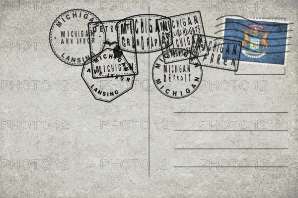 Michigan Vintage Postcard with Flag Stamp and City Postmarks