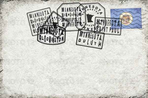 Minnesota Vintage Postcard with Flag Stamp and City Postmarks